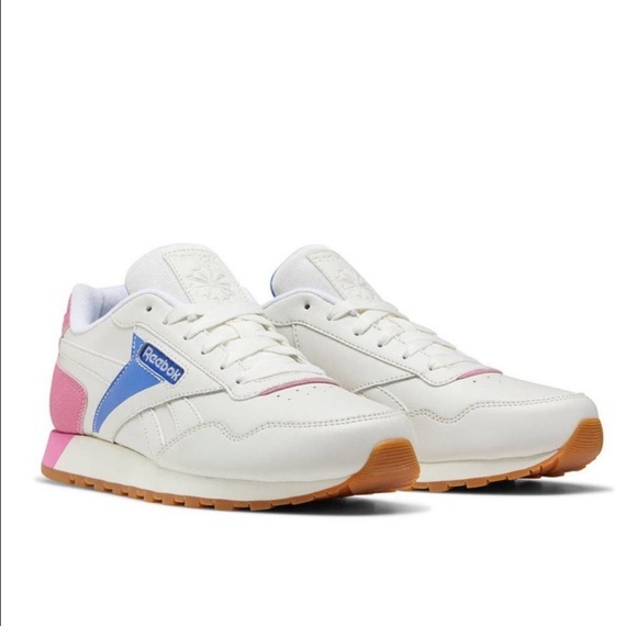 Reebok Shoes - Reebok Classic Harman Run Leather Sneakers in White with Blue & Pink Accents